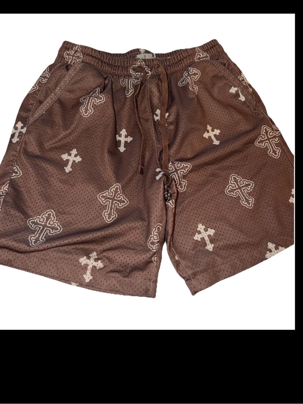 Saints Studio Brown Mesh Shorts GOTHIC CROSS print Men’s Size S, Stretchy Waist